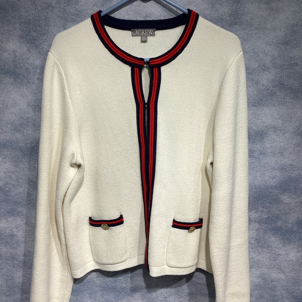 J Crew Emilie Cardigan Jacket Size XL White w/ Red Blue Trim Classic